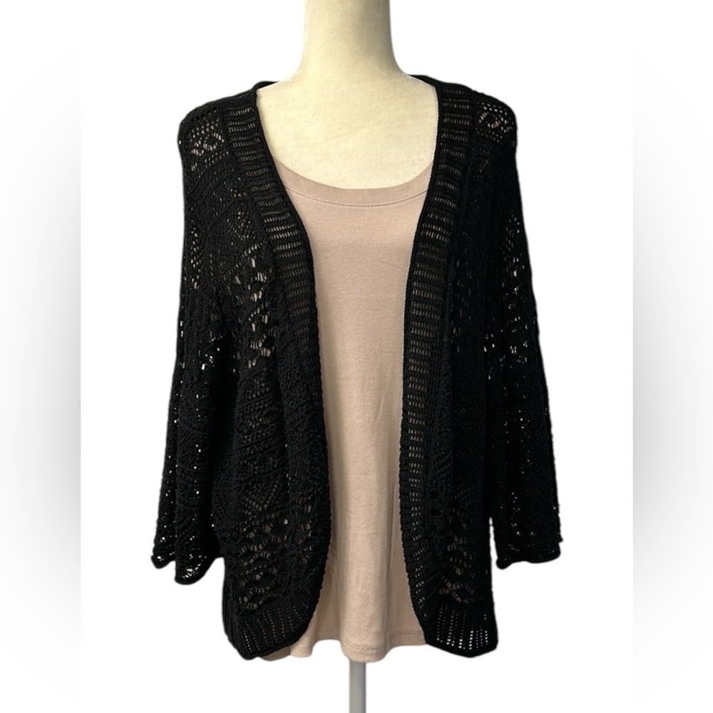 J.M. Collection Size XL Black 3/4 Sleeve Crochet Open Cardigan